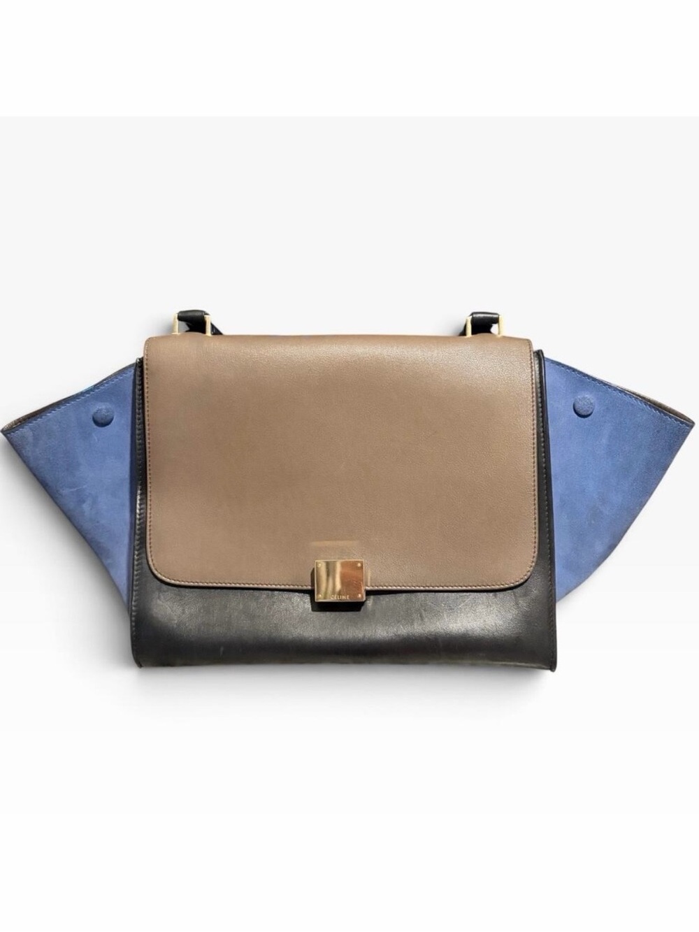 Celine Trapeze Large Taupe Black Blue Suede Leather Crossbody with COA